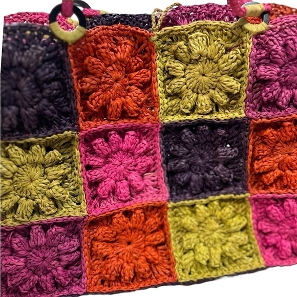 Annabel Ingall Raffia Shoulder Bag Tote Button Crochet Patchwork Colorful - Picture 3 of 9